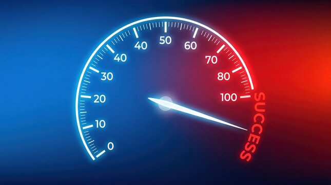 Digital speedometer needle pointing to success on glowing blue red bac