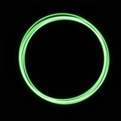 A glowing neon green circle frame isolated on a deep black background with soft light trails © jharna