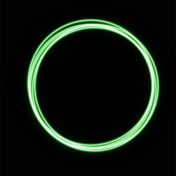 A glowing neon green circle frame isolated on a deep black background with soft light trails