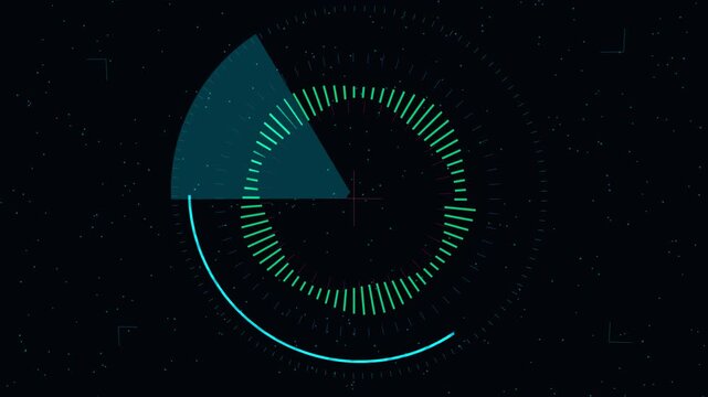 Futuristic holographic head-up display (HUD) with rotating radar rings, targeting reticles, real-time soundwave spectrum analyzers, and cyber telemetry readouts. 4K 60fps loop for military sci-fi, cyb