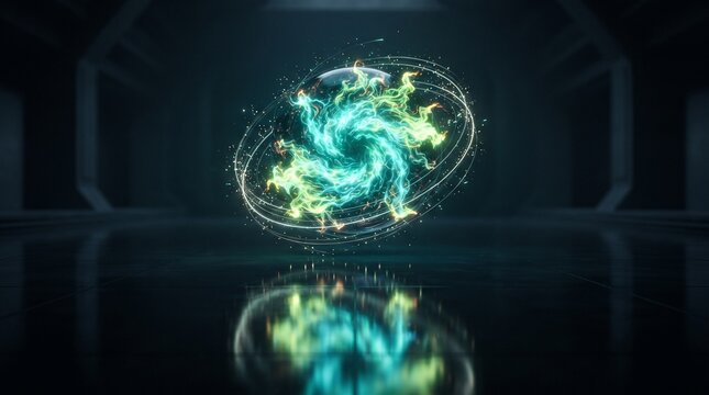 Glowing turquoise plasma sphere with swirling energy flames and orbital rings hovering over dark reflective floor for clean fusion energy concepts
