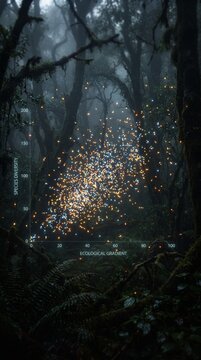 Glowing firefly scatter plot chart displaying species diversity data against ecological gradient in misty rainforest for environmental science concepts
