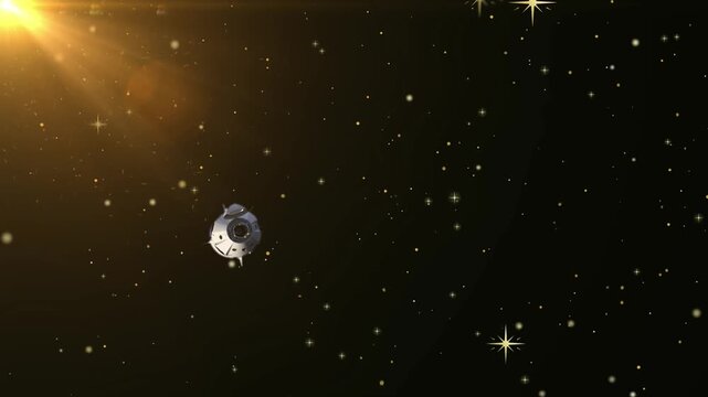 A futuristic space capsule module floats and rotates through a starry cosmic environment with warm golden sunlight with camera tracks spacecraft drifts through cosmos