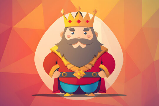 Stout bearded king character with golden crown and royal red cape against geometric patterns