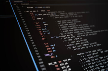 Low level programming code displayed on a dark computer screen, illustrating assembly language, software development, computer engineering, machine instructions, debugging, and system programming. © Narong