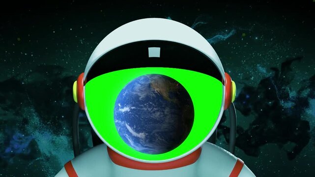 Astronaut helmet featuring a green screen visor displaying planet Earth against a starry outer space cosmic background.