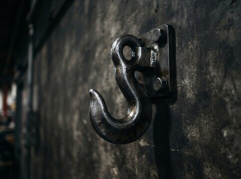 Close up of a heavy duty metal hook attached to a textured wall.