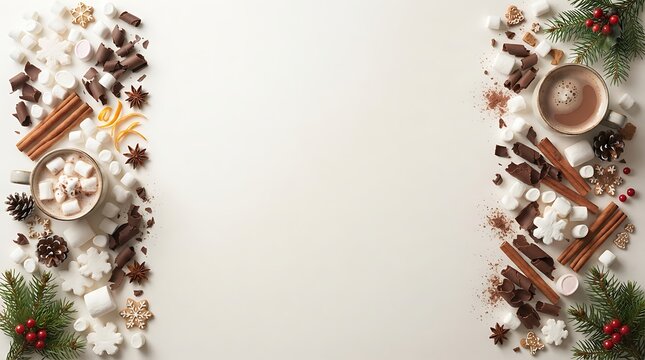Christmas border frame with hot chocolate, marshmallows, chocolate shavings, cinnamon, and pine branches on a white background, for cards