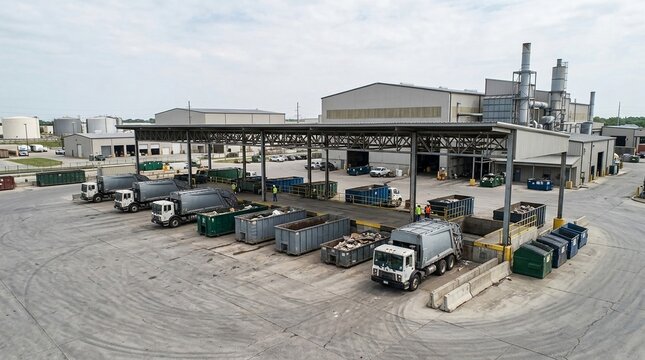 Industrial waste collection and recycling center with trucks and containers