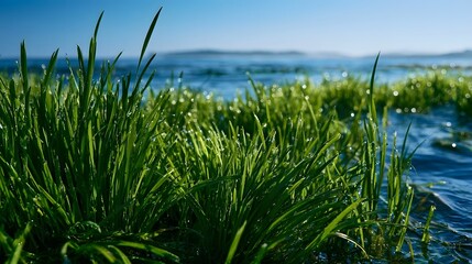 Fototapeta premium Vibrant green seagrass blades glisten with dewdrops at water s edge under clear blue sky with distant horizon