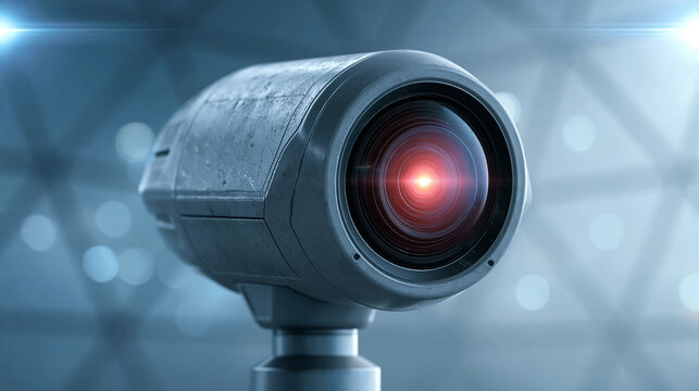 Futuristic security camera with glowing red lens mounted on high tech monitoring equipment.