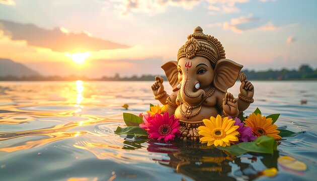 Lord Ganesha Idol Floating on Peaceful Lake at Sunset with Colorful Lotus Flowers