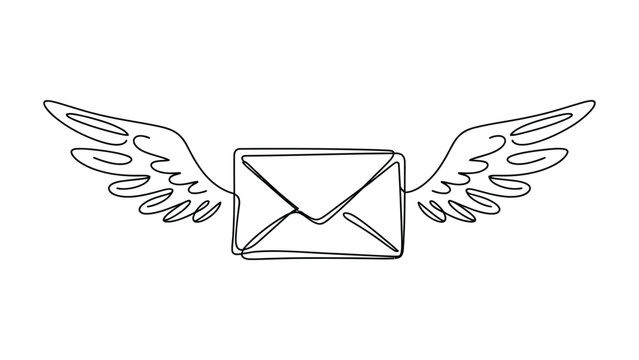 Minimalist continuous line drawing depicting a flying envelope with angel wings symbolizing rapid message delivery