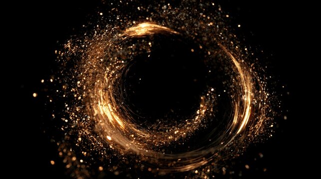 Golden glowing particles form a dynamic circular vortex with sparkling light against a solid black background.