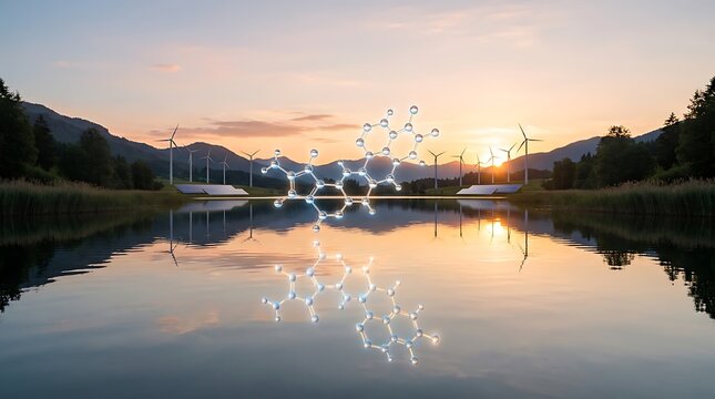 Chemical structure formula over a sunset mountain lake
