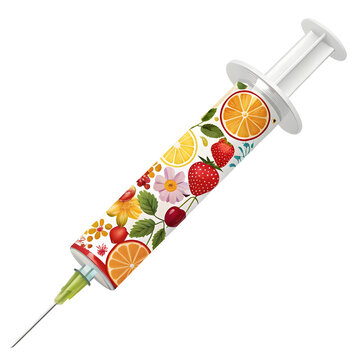 Medical syringe with vibrant fruit and floral pattern during health treatment concept