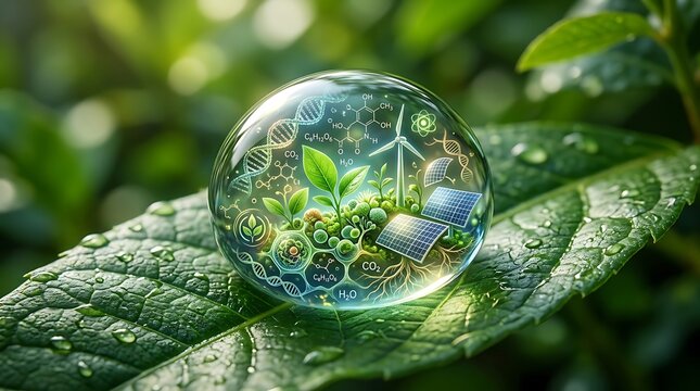 Glass sphere with green energy icons on a wet forest leaf