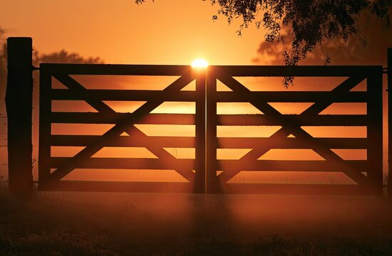 Warm sun peeks through wooden gate slats at dawn