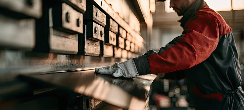 Worker uses metal brake machine to shape sheet metal