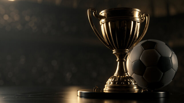 Gold trophy cup beside soccer ball on dark reflective surface representing victory.