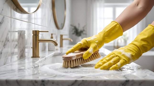 Person in yellow gloves cleaning marble bathroom sink with wooden brush and soapy foam.
