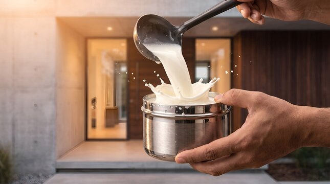 Pouring fresh milk from ladle into steel container with splash at modern house entrance.
