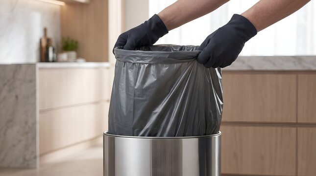 Person in black gloves putting grey plastic liner bag into metal trash bin in kitchen.

