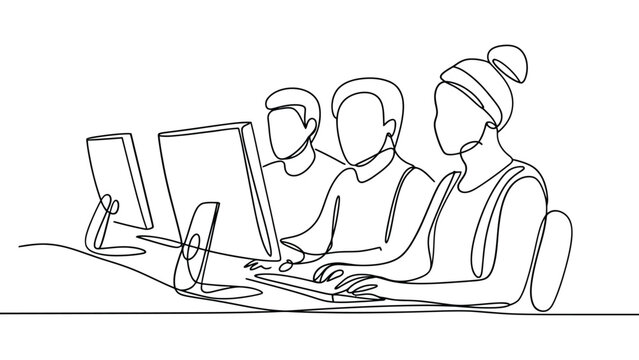 Team of professionals collaborating together using desktop computers in minimalist continuous single line art style