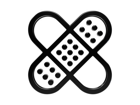 Adhesive bandage cross shape black glossy 3d icon for wound care injury protection.