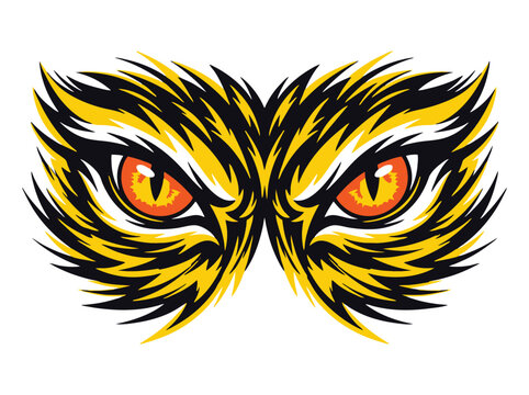 Aggressive tiger eyes mascot vector, fierce wild cat gaze with yellow fur, predatory animal eyes for sports logo and apparel design