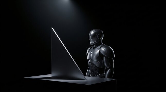 dark silhouette of humanoid robot assistant future cyber technology standing beside triangular metallic gnomon casting sharp shadow for epoch synchronization on dark seamless pitch black background