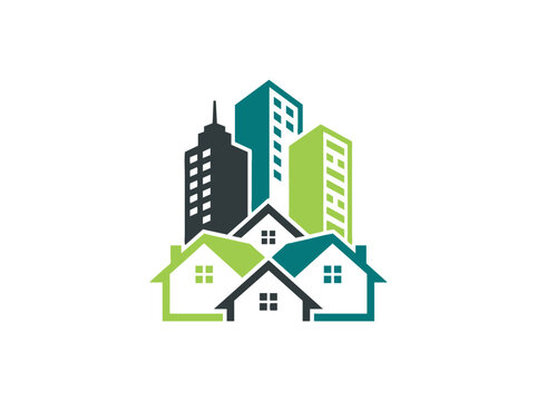 Modern real estate logo vector, urban city skyline with residential houses, green and blue property development icon for construction business
