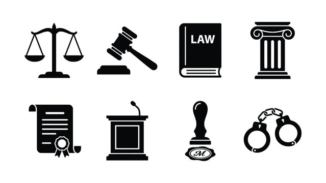Law Firm and Legal Justice System Icon Set, Courthouse Attorney Vector Symbols