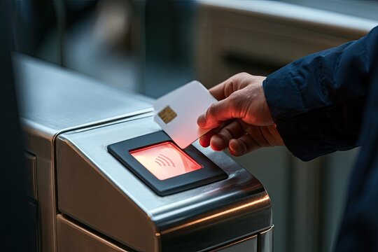 Hand holding contactless card to scan at modern turnstile gate