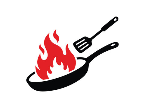 Frying pan with fire icon, kitchen skillet with red flames and spatula vector, hot cooking and restaurant logo symbol