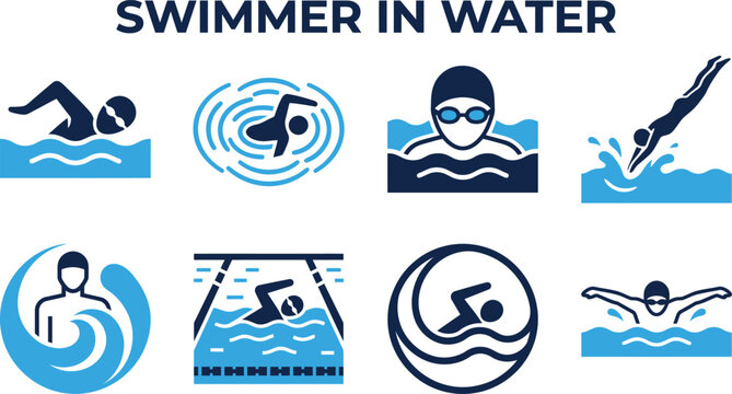 Swimmers in water a collection of stylized vector illustrations on a white background swimming swimmer