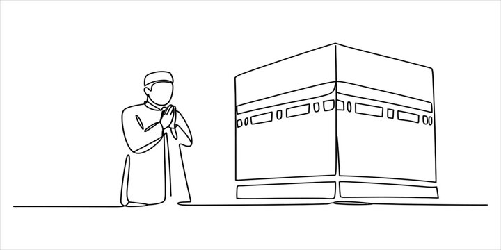 Continuous line drawing of a muslim man praying in front of the kaaba in mecca for hajj or umrah pilgrimage in a simple minimalist black and white style
