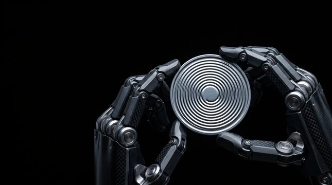 dark silhouette of humanoid robot assistant future cyber technology inspecting aneroid expansion capsule to analyze financial market pressure and stress tolerance on seamless black background