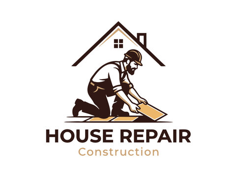 House repair logo with construction worker installing floor tiles, professional handyman home renovation emblem, flooring contractor vector