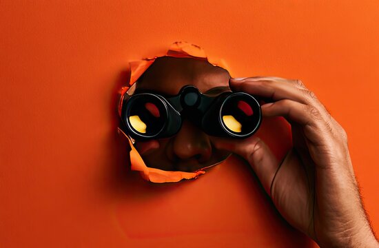 Person peeking through torn orange wall with binoculars