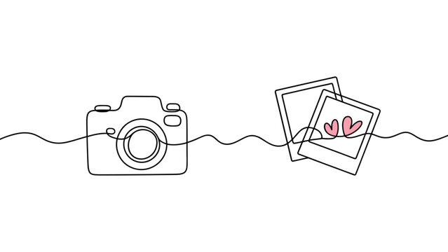 Continuous line art featuring digital camera and two polaroid frames with small pink heart symbols with displays minimalist continuous