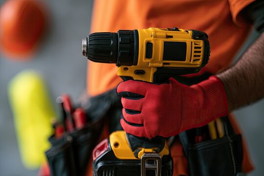 Close-up of gloved hand holding a cordless power drill, construction tools visible