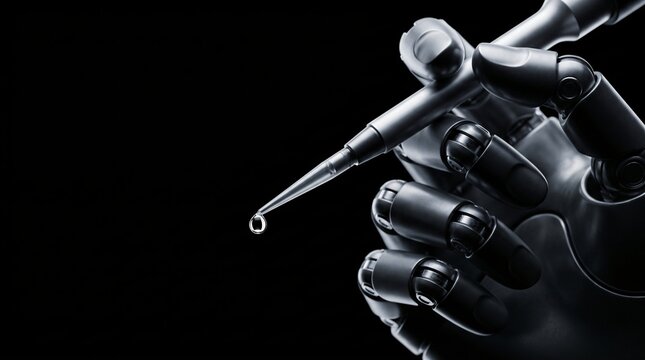 dark silhouette of humanoid robot assistant future cyber technology hand dispensing single fluid micro droplet from precision micropipette for biotech testing on seamless pitch black background