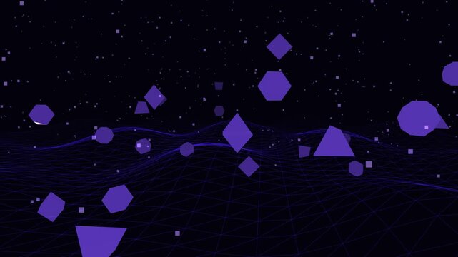 Mixed geometric polyhedrons (octahedrons, prisms, and cubes) floating serenely in orbital formation through a deep violet cosmic nebula filled with sparkling star dust. 4K 60fps celestial tech loop.