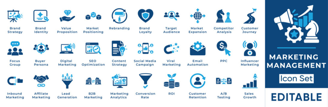 Marketing management and brand strategy solid icon set. Includes symbols for SEO Optimization, Lead Generation, A/B Testing, and B2B Marketing. Editable vector icons for digital agencies.