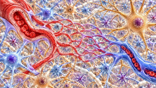 Brain Microcirculation with Cerebral Capillary Network, Neurons and Glial Cells