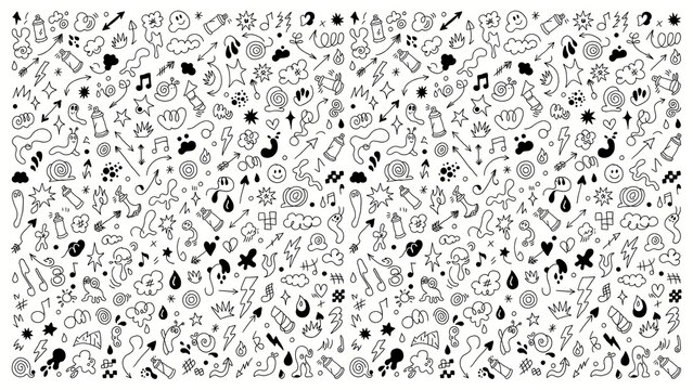 Seamless pattern of black and white hand drawn doodle including spray cans, snails, clouds, and arrows on a white background.