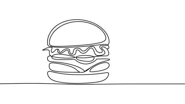 Minimalist continuous line drawing of a tasty hamburger on a plain white background surface with classic hamburger centered