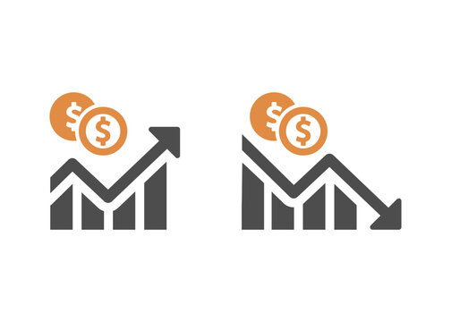 financial growth and loss line chart icons showing dollar coin trends