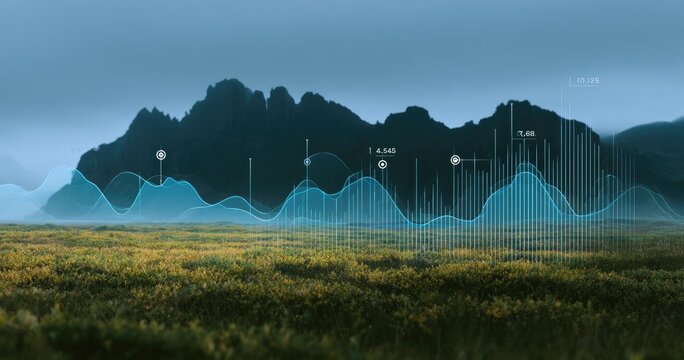 Overlayed digital data visualizations on a serene mountain landscape